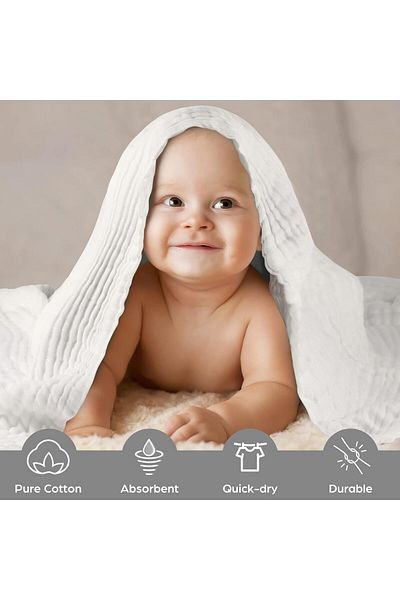 Zeren Home Newborn Baby Drying, Swaddle, Blanket 4 Layers Muslin White 100% Cotton 1 Piece