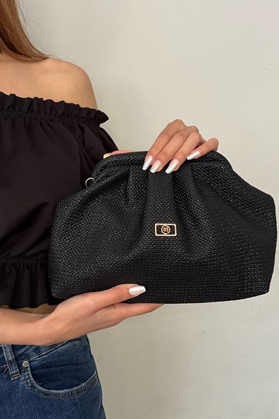 Classbag Geantă clutch neagră pentru femei cu aspect de paie, cu curea de mână și de umăr