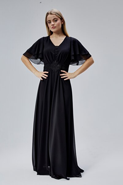 HELVEYS Kadın Şifon Beli Işleme Detaylı V Yakalı Robası Pileli Dökümlü Kumaşt...