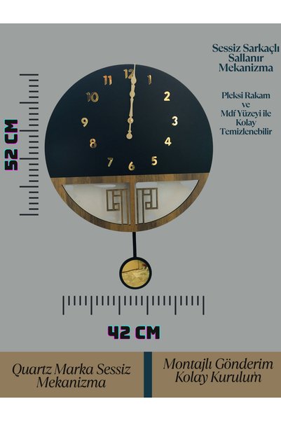 Nixar Desing Sessiz Sarkaçlı Ahşap Duvar Saati, Montajlı Gönderim,Sessiz Mekanizma,42x52,Duvar Saati, Wall Clock
