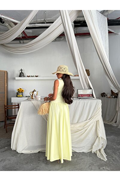 Ekim Store Sarı Askılı Balon Etek Uzun Elbise