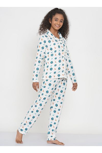 LAUREN SMITH Teen Girl's Pajama Set Long Sleeve Buttoned Top with pants 2 Piece Printed Sleepwear Cotton Pjs Set