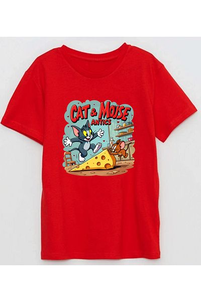 Efendioğlu Design Cat&Mouse Antiics Printed Cotton Children's Tshirt
