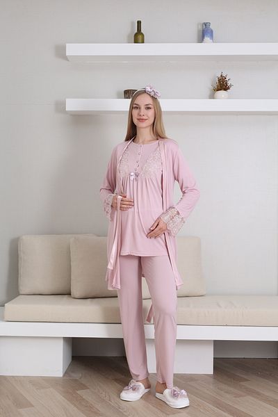 EM&FA TEKSTİL Maternity Maternity Lace Detailed Dressing Gown Pajama Set