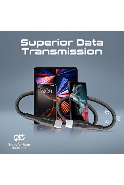 Promate USB-C Cable 200cm, 60W Power Delivery, 480Mbps, Silicone Anti-Tangle, XCord-CC Black