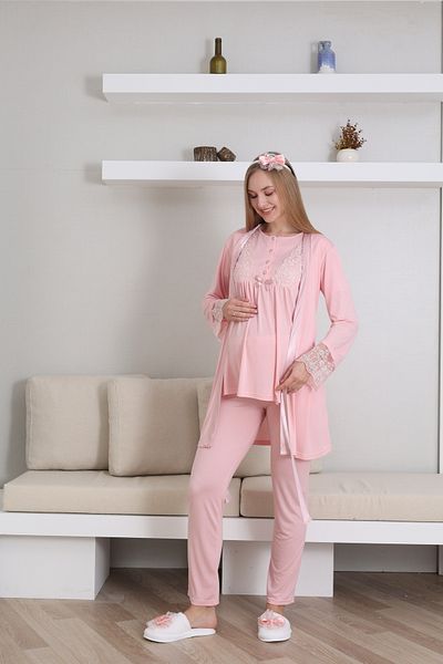 EM&FA TEKSTİL Maternity Maternity Lace Detailed Dressing Gown Pajama Set