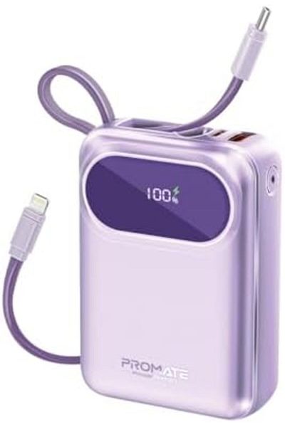 Promate Power Bank with Built-In USB-C Cable, 20000mAh Compact Fast Charging Power Bank, 35W USB-C P