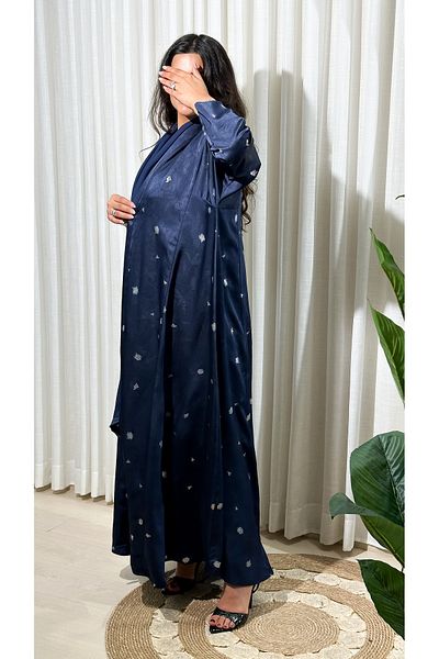 Elegant عباية كحلي قماش جاكر برسمات