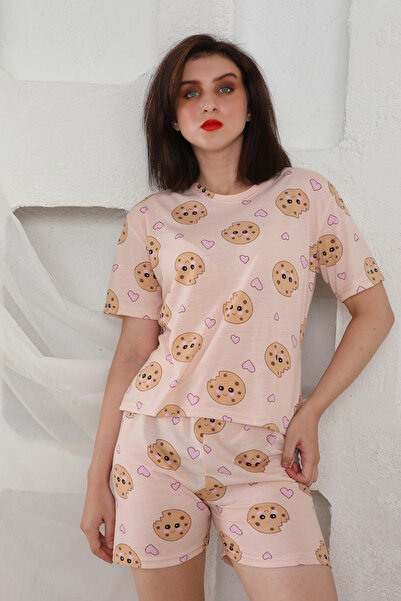 FAMES PİJAMA Summer Patterned Loose Crop Shorts Pajama Set