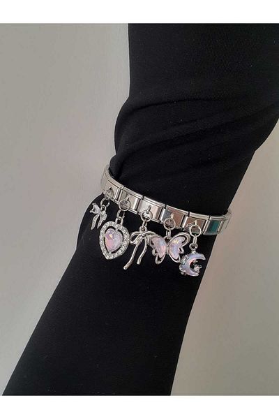 bijoux uniques Italian Charm Bracelet with Steel Stone Ribbon&Heart&Bow&Butterfly&Moon Figures