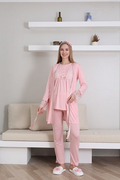 EM&FA TEKSTİL Maternity Maternity Lace Detailed Dressing Gown Pajama Set