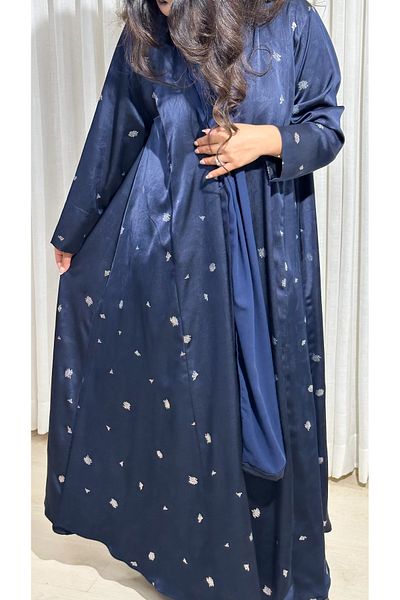 Elegant عباية كحلي قماش جاكر برسمات