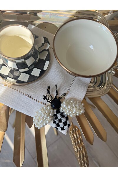 Hatice sakallı design 1 adet damalı arı işlemeli taşlı sunum peçetesi kokteyl peçete