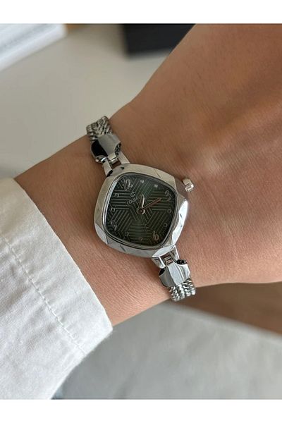 RoseandRoses Feruzea Weave Chain Cord Minimal Women Wrist Watch Silver (Green Dial)