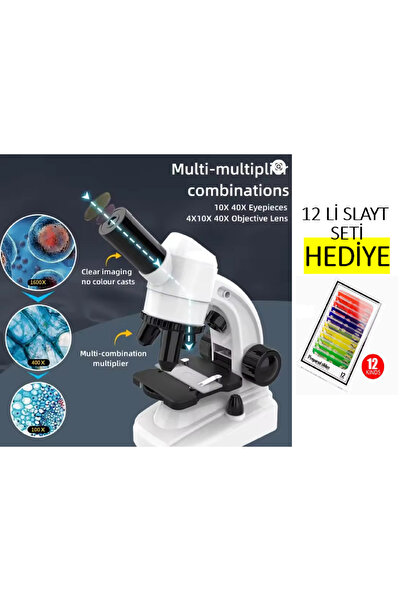 Genel Markalar 1600X Mobil Uyumlu Telefon tutuculu 2 Led ışıklı Aksesuarlı 12'li örnek seti HEDİYELİ Mikroskop Seti