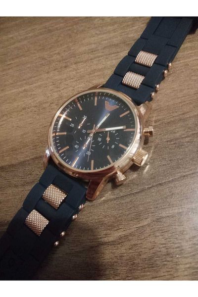 Brality Men's Wrist Watch ... (with Silicone) Navy Blue Cord... Rose Color Case Round Model - 6071