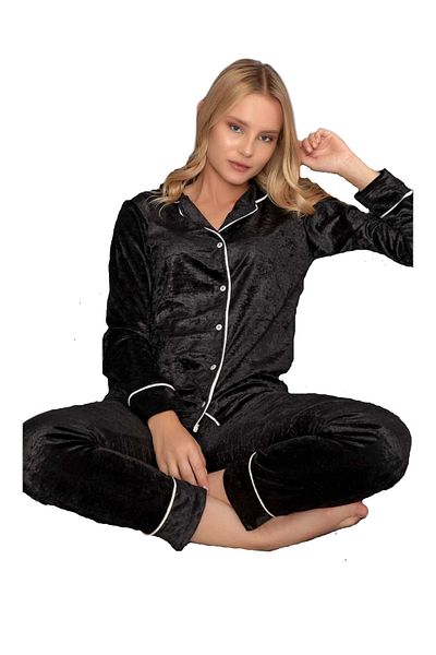Star Fashion Velvet pajamas, with buttons, long sleeve blouse and long pants, discreet glitter material