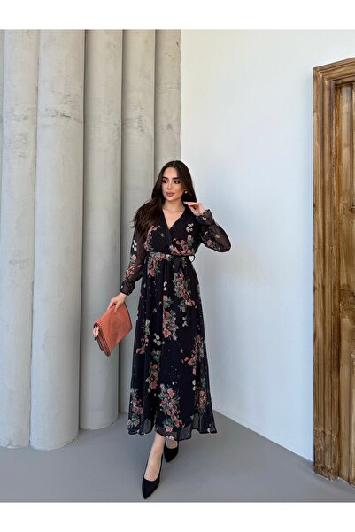 Anna Moda Mini Güllü Kruvaze Yaka Astarlı Şifon Elbise
