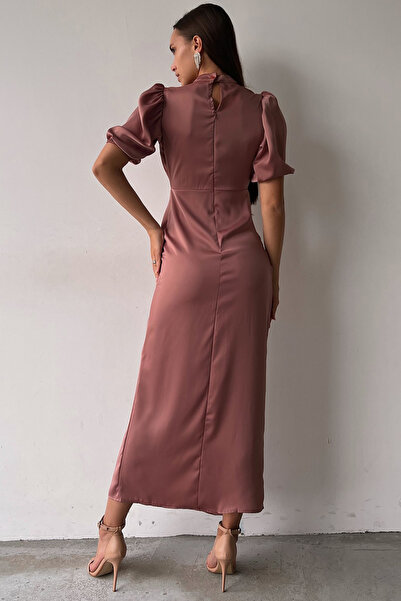 thezkscom Γυναικείο φόρεμα με σατέν μπαλόνι με ντραπέ με σχισμή