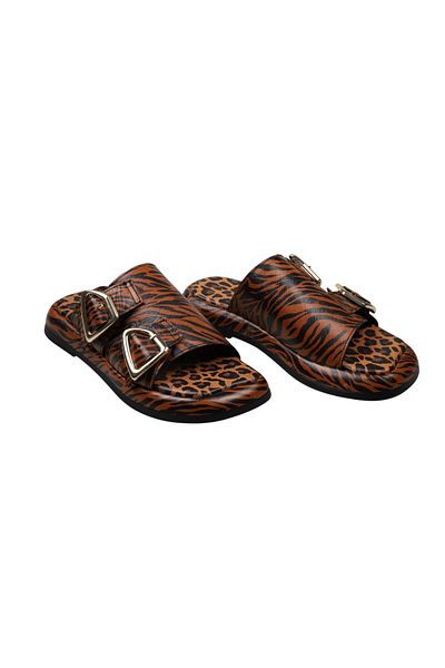 Lady Mia Elera Genuine Leather Women's Slippers with Buckle Detail