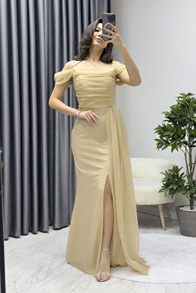 thezkscom Askılı Düşük Omuz Yırtmaç Detay Abiye Elbise Gold, Lacivert, Siyah,...