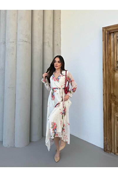 Anna Moda Mini Güllü Kruvaze Yaka Astarlı Şifon Elbise