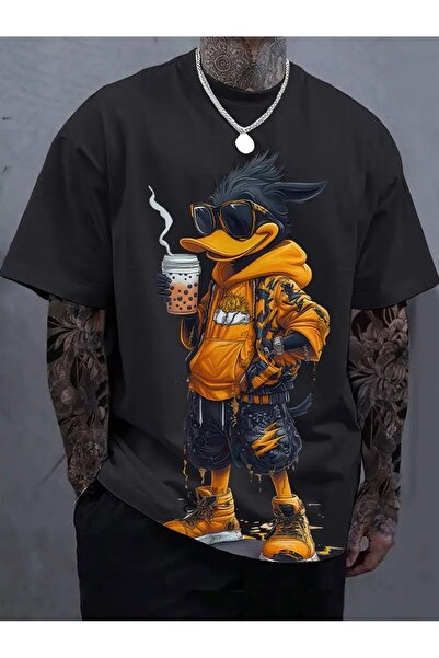 PERISENSE Unisex Kadın/Erkek Oversize Baskılı Pamuklu Bisiklet Yaka Kısa Koll...