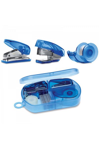 dalimag Set papetarie, Mini Perforator, Banda Adeziva si Capsator cu 300 capse, Cutie Transparenta, Albastru