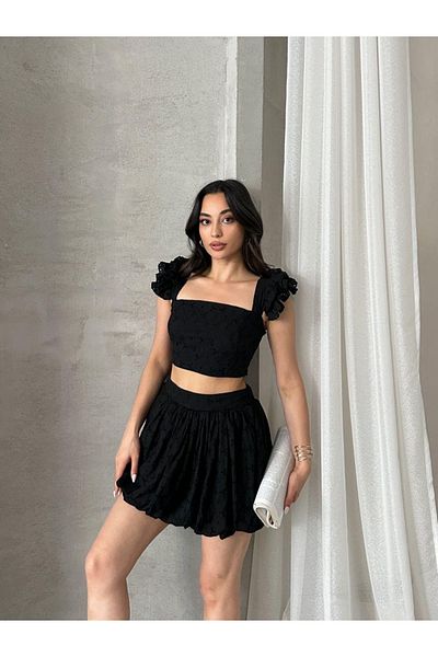 Ekim Store Fisto Detail Lace Blouse Shorts Skirt Two Piece Set