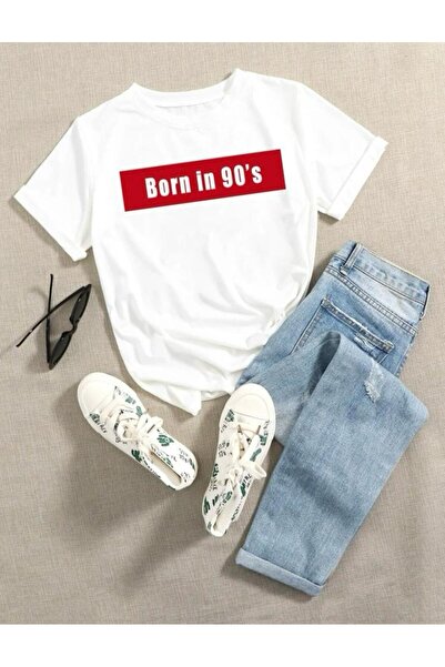 PERISENSE تي شيرت أبيض برقبة دائرية كبير الحجم مطبوع عليه "Born In 90's" للجنسين