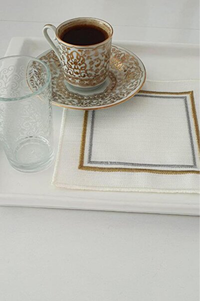 Çeyiz Diyarı طقم أكواب مربعة من الكتان المطرز بإطار مكون من 6 قطع