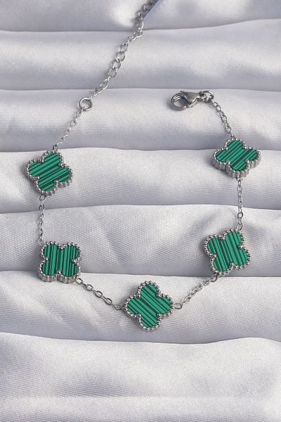 Skygo Green Striped Silver Colored 316l Clover Bracelet - Tj-bb6259