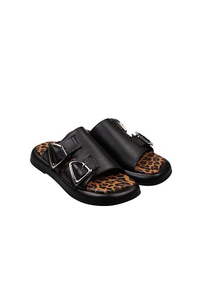 Lady Mia Elera Genuine Leather Women's Slippers with Buckle Detail