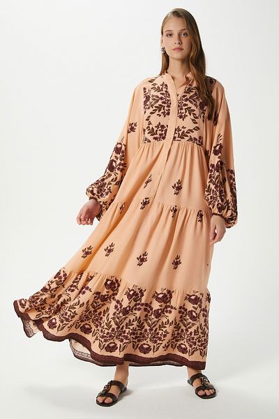 Ritnice Modest Rosabella Powder Women's 100% Viscose Maxi Length Layered Balloon Sleeve Long Summer Dress