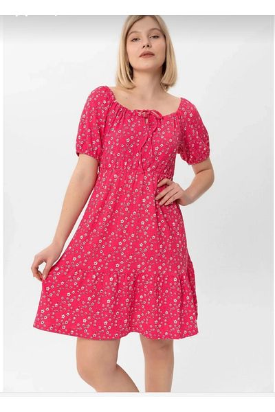 MODA Chic Dress with Daisy Print Collar and Waist Drawstring Wrap