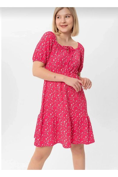 MODA Chic Dress with Daisy Print Collar and Waist Drawstring Wrap