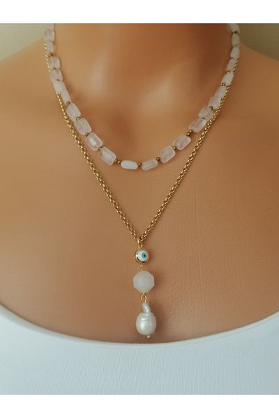 LemaStone Natural Stone Steel Duo Necklace ;Pink Quartz and Real Natural Baroque Pearl Designed on Steel Chain