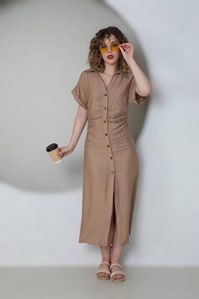 Modontik KETEN KUMAŞ BEL BÜZGÜLÜ GÖMLEK ELBİSE ZA.RA MODEL