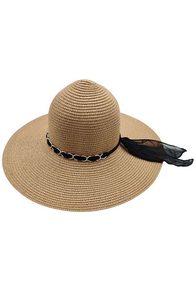 AXE SPORTSWEAR Women's Camel Color Summer Chain and Chiffon Ribbon Detailed Summer Fedora Straw Beach Hat Beach Hat