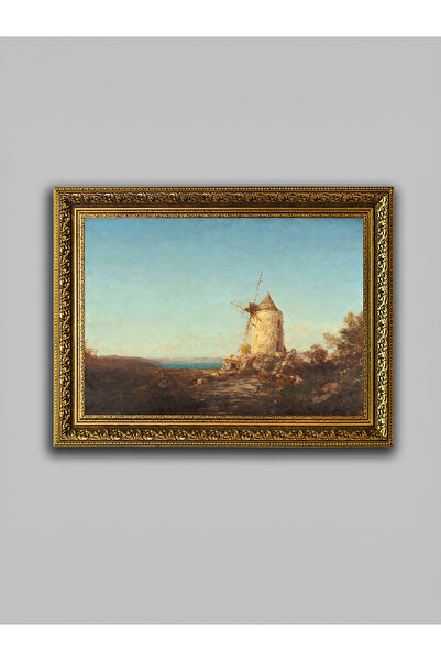 WoodyArts Moara de vânt și apus de soare - Cadru antic auriu