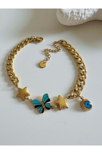 ACAR TAKI Butterfly Evil Eye Steel Bracelet 18+5 Cm-Gold Acr5161
