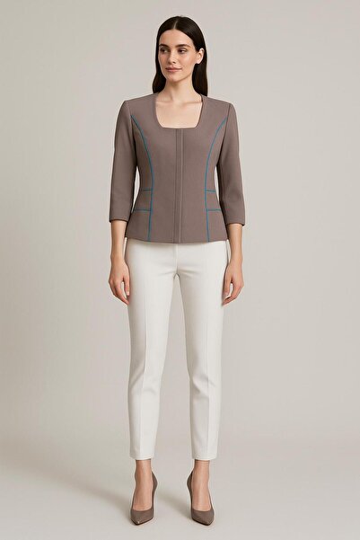 UNTIMELY Mavi Ara Biyeli Açık Vizon Şık/Casual Krep Ceket