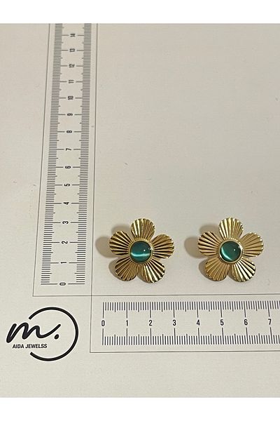 Rupen Kraft 316 L Surgical Steel Stainless Tarnish Free Green Stone Steel Flower Earrings