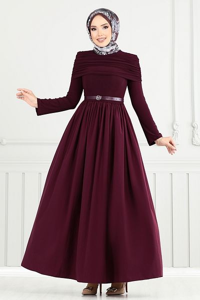 ModaMerve Drape Detail Hijab Dress 2421Ant904-M Claret Red