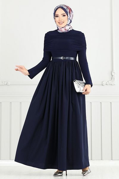 ModaMerve Drape Detail Hijab Dress 2421Ant904-M Navy