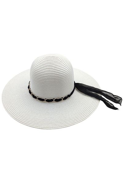 AXE SPORTSWEAR Women's White Color Summer Chain and Chiffon Ribbon Detailed Summer Fedora Straw Beach Hat Beach Hat