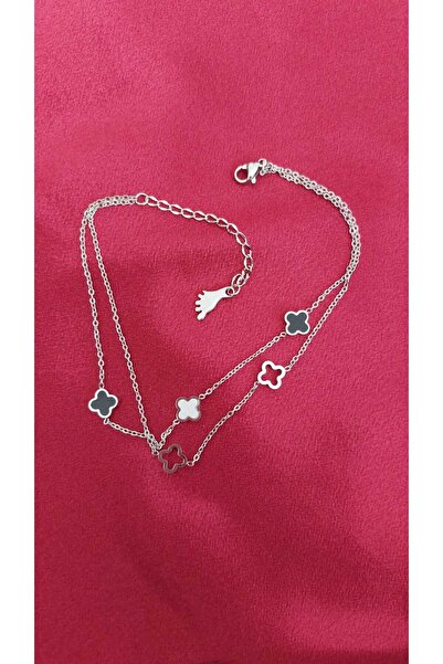 magische Gümüş Renk Dört Yapraklı Yonca Model Kadın Halhal 2 Boş 3 Taşlı Hediyelik