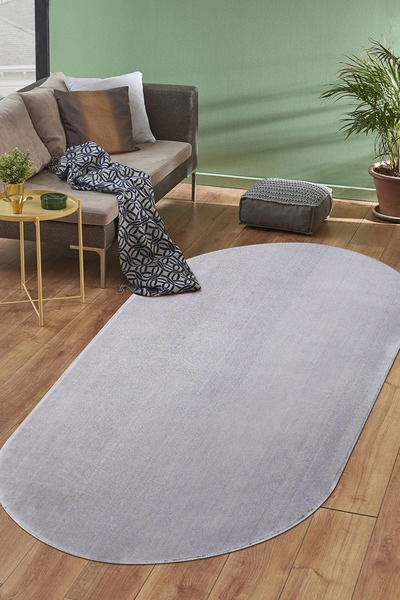 LİNOS HOME Puffy Light Gray Oval Overlocked Plush Runner Soft Washable Non-Sl...