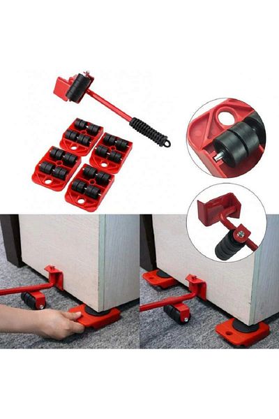 OEM ZUBI furniture lifting and transporting set, 4 pieces with wheels, one lever with wheels, max 150kg, red