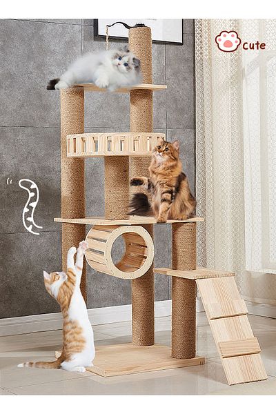 KidLe Solid Wood Cat Tree Cat Tower Cat Climbing Frame